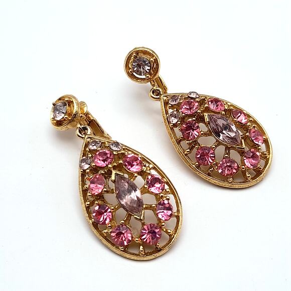 Vintage Pink & Lavender Rhinestone Dangle Clip Earrings - Picture 7 of 8